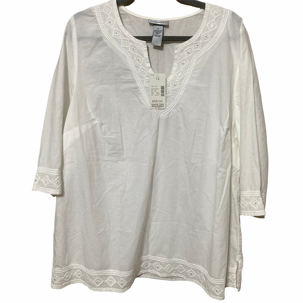 Catherines Womens Embroidered Beaded 3/4 Sleeve V-Neck Blouse Size 1X White NWT